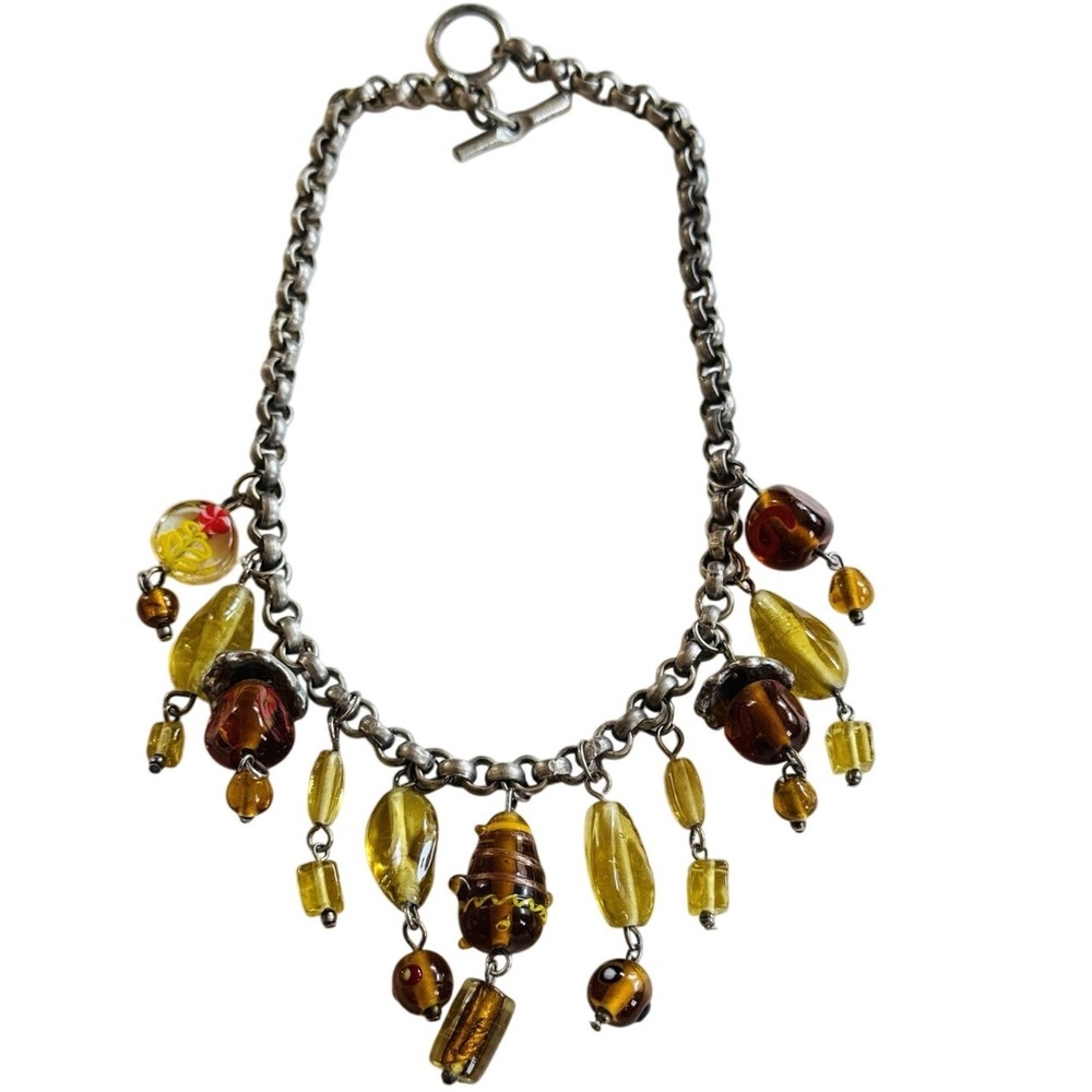 VTG‎ Art glass Necklace Silver Beads Lampwork Beaded Collar Fringe Murano Foil
